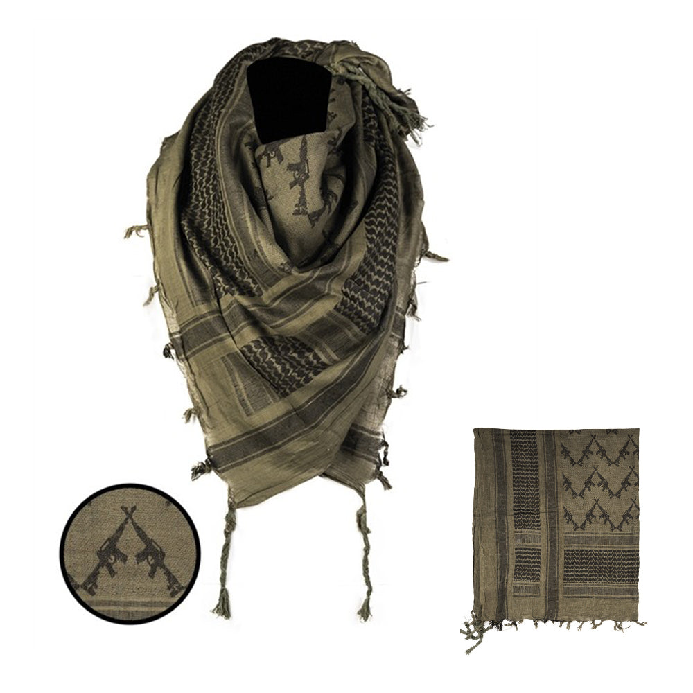 Stylish olive green shemagh scarf with rifle pattern, ideal for outdoor activities, boxing, and fitness enthusiasts. Versatile and durable.