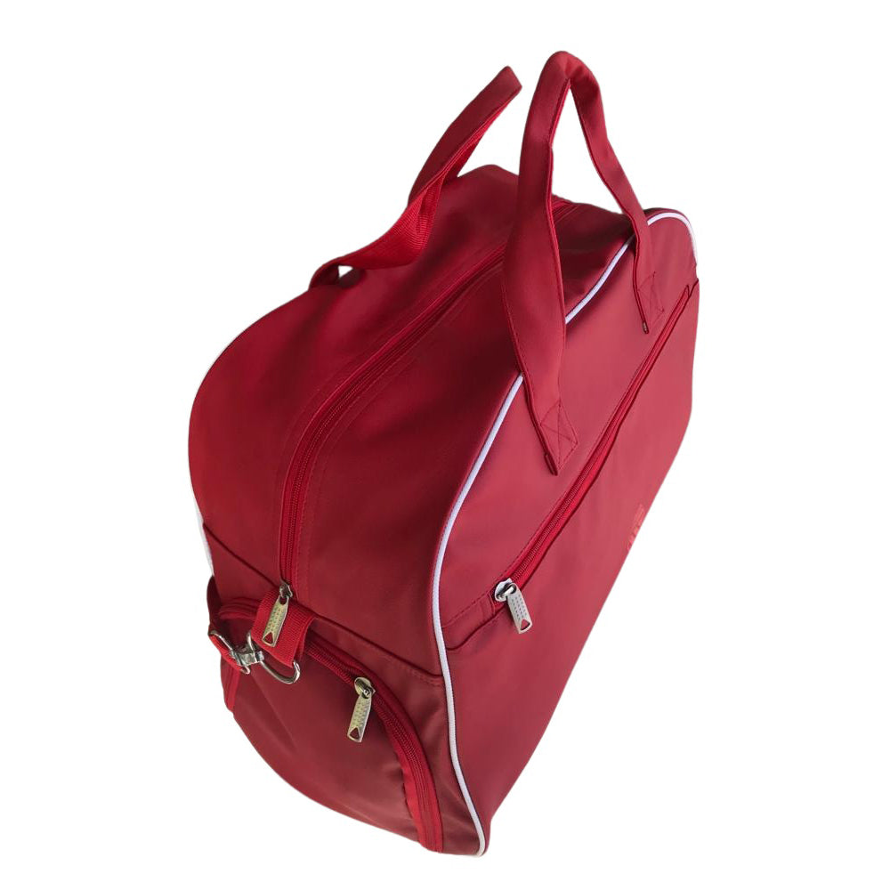 Red sports bag with side pocket and shoe compartment, perfect for boxing gear, fitness accessories, and home gym equipment.