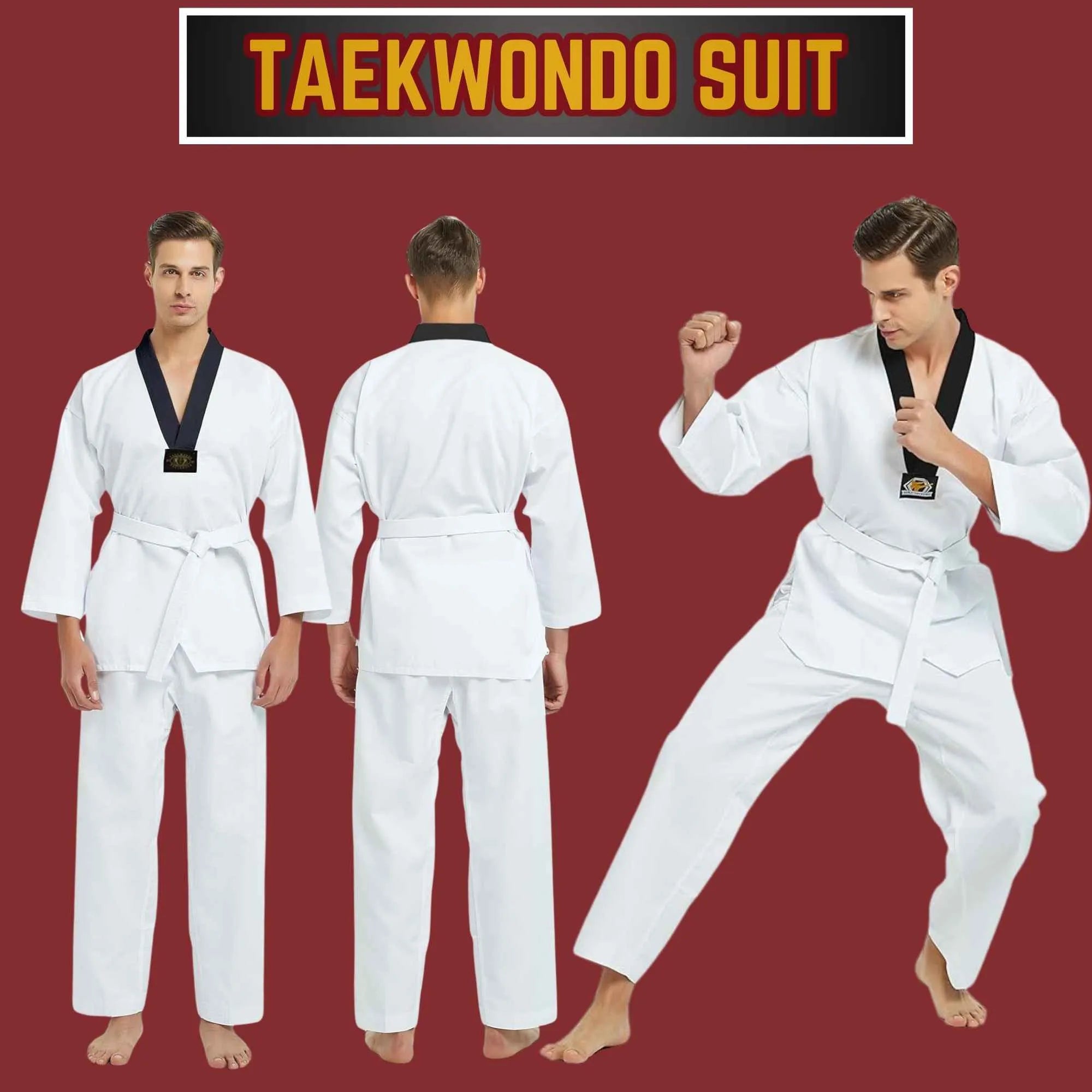 Weißer Taekwondo Anzug Rewon für Boxen und Fitness, 65% Polyester, 35% Baumwolle, geeignet für empfindliche Haut, atmungsaktiv.