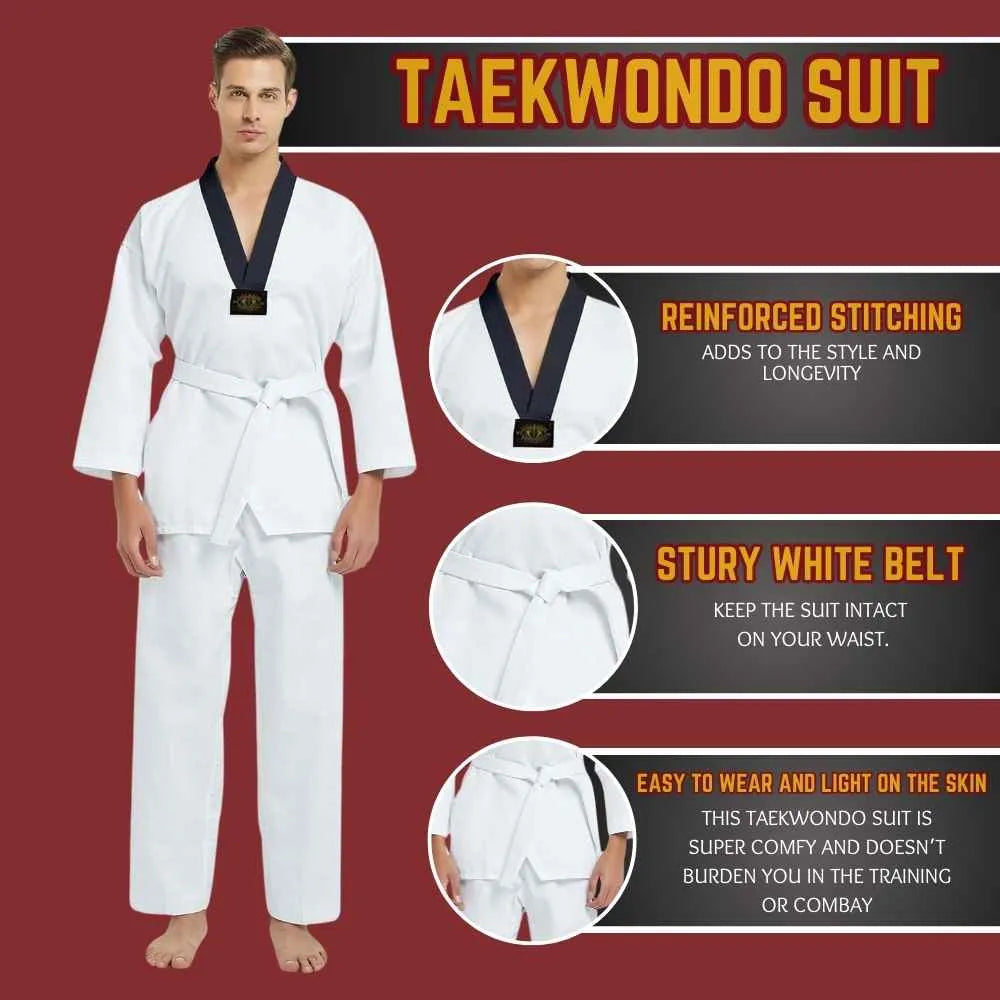 White Taekwondo suit with reinforced stitching and sturdy belt, ideal for MMA and boxing training. Comfortable and breathable for fitness.