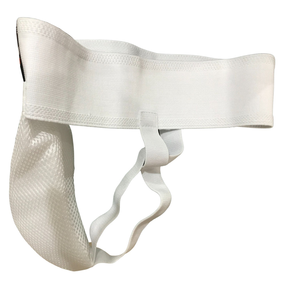 White Tiefschutz Box-Jockstrap by Shockdoctor for MMA, Muay Thai, and Boxing. Comfortable polycotton, breathable support gear.
