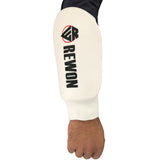 Rewongear white Taekwondo forearm protector for boxing and fitness training, featuring adjustable fit and breathable material.
