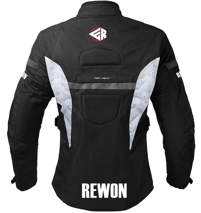 Rewon Women's Motorcycle Jacket, black with protective CE armor, ideal for all-season riding, enhances safety and comfort.