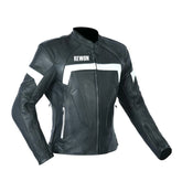 Women's leather motorcycle jacket with CE protectors, ventilation, and pockets, ideal for boxing and fitness enthusiasts.