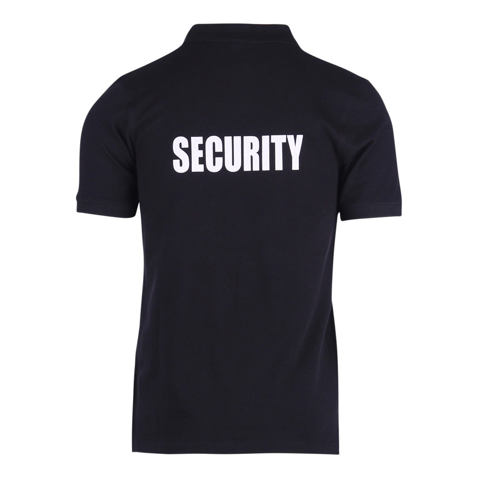 Black Security Polo T-Shirt made of 95% cotton and 5% elastane, ideal for fitness and boxing training equipment.