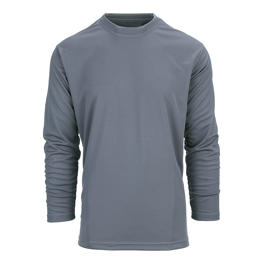 Gray long sleeve quick-dry T-shirt for boxing and fitness, made of 100% polyester, perfect for men's and women's activewear.