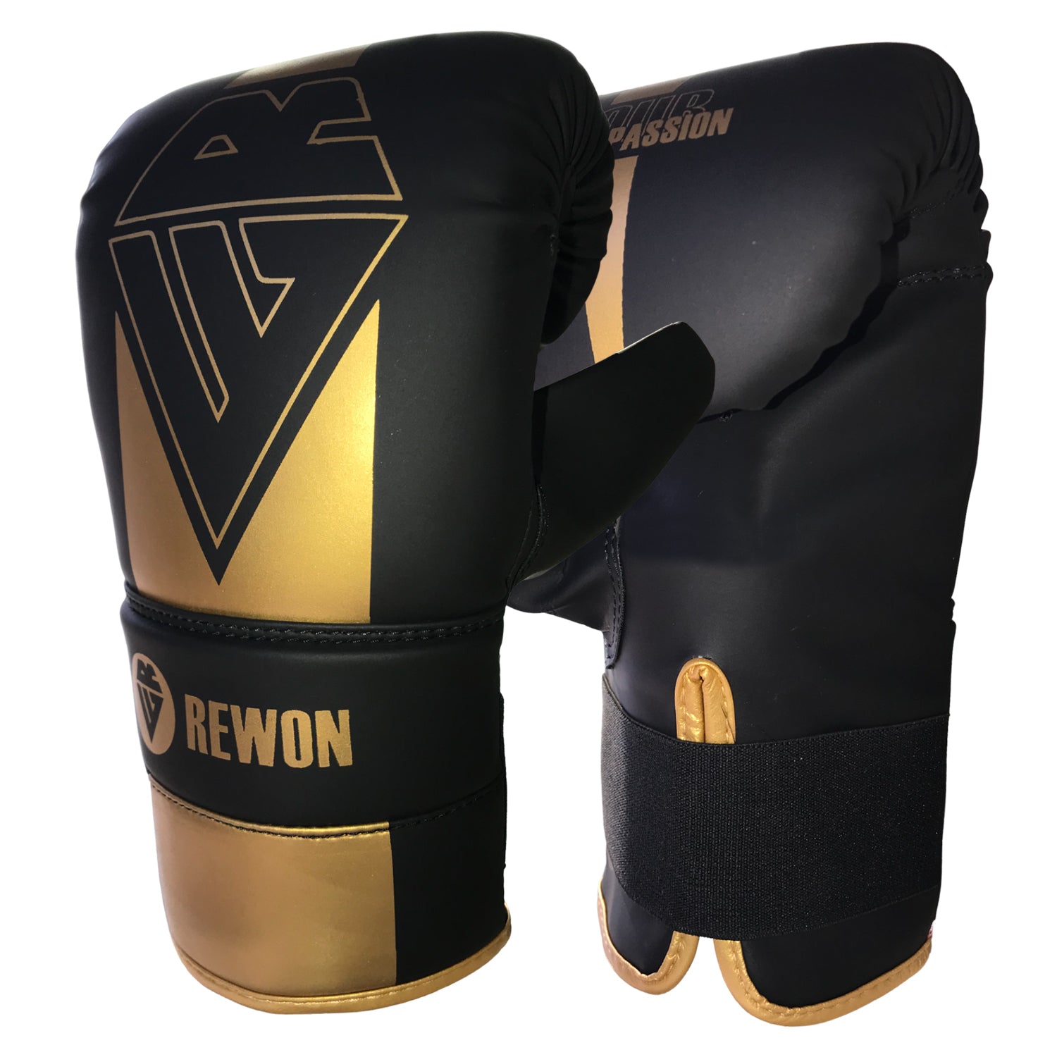 Rewon Boxsackhandschuhe Golden Series in Schwarz/Gold, ideal für Boxtraining, Kickbox- und Muay Thai-Ausrüstung.