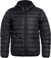 Men's black bubble puffer jacket with hood, perfect for winter wear. Ideal for boxen and fitness enthusiasts.