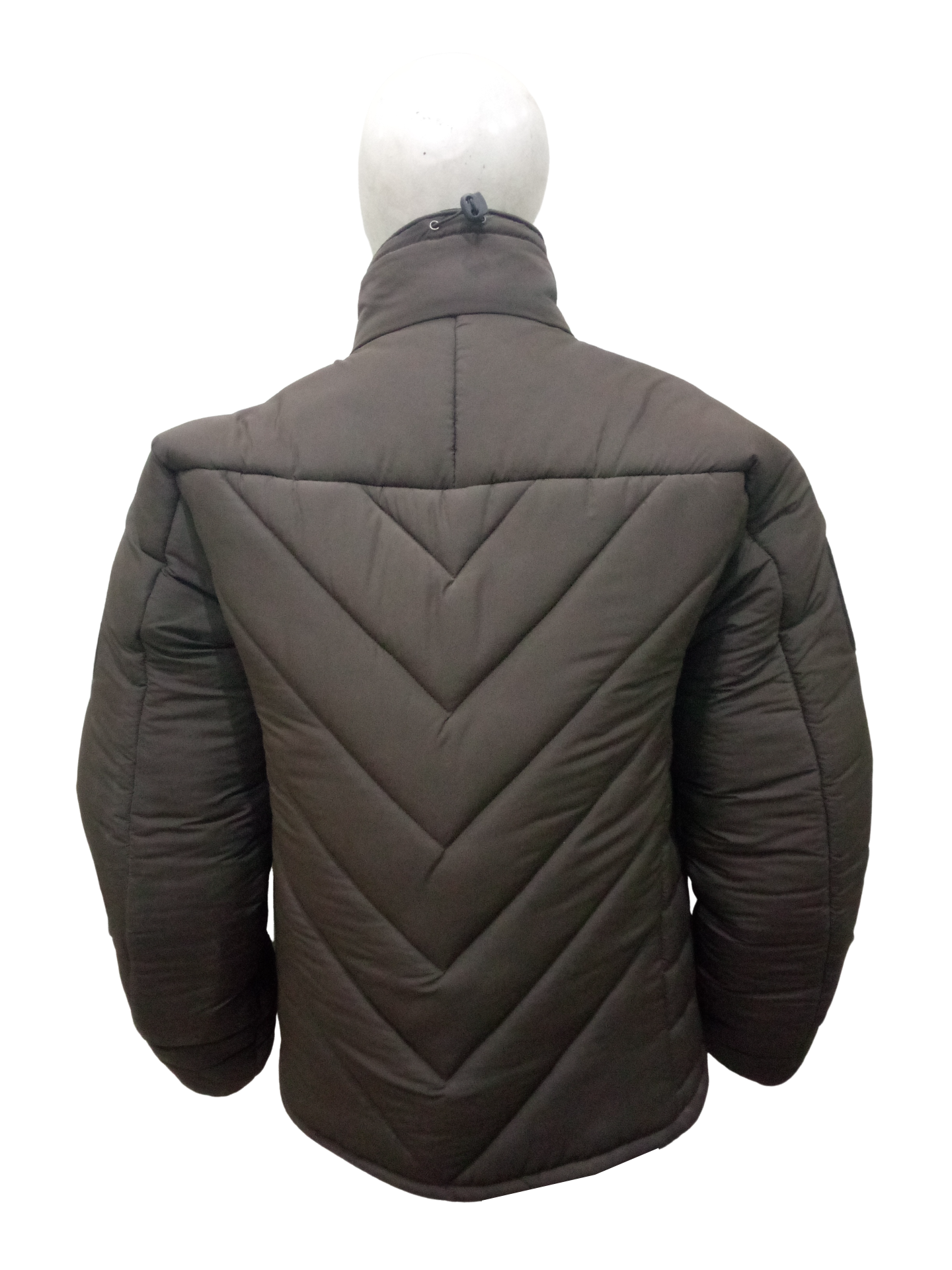 Back view of men's brown bubble puffer jacket with hood, perfect for winter, fitness, and boxing training equipment.
