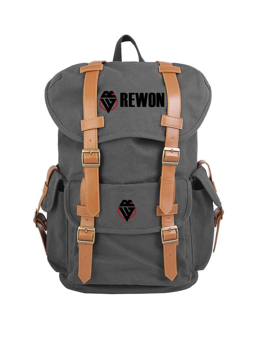 Rewon Sports vintage Reiserucksack in Grau/Blau, robuster Canvas, ideal für Boxen und Fitnessreisen mit versteckten Fächern.