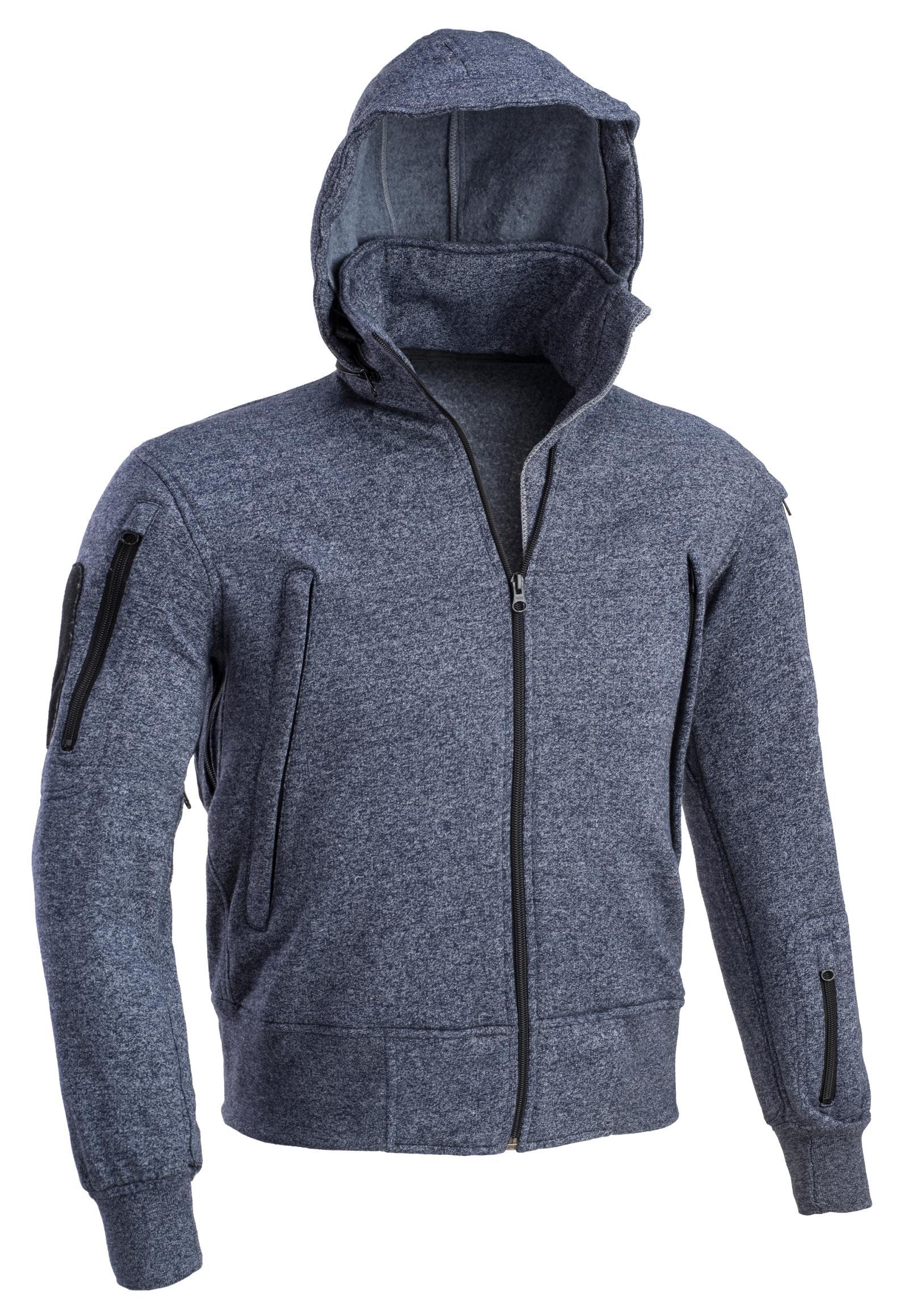 Tactical hoodie with hood, windproof design, 100% cotton, ideal for boxing and fitness. Features pockets and YKK® front zip, grey color.