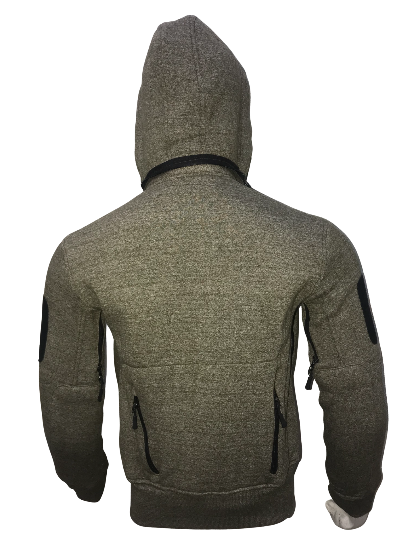 Tactical gray hoodie with hood, multiple pockets, and high thermal insulation, ideal for boxing and fitness training.