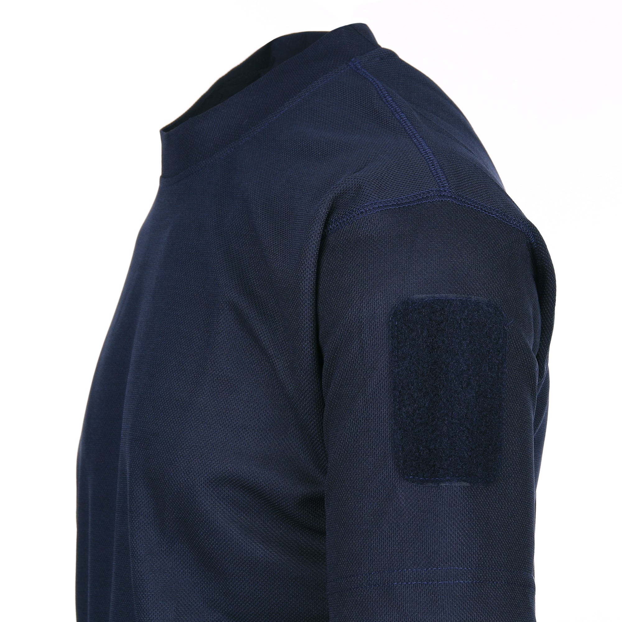 Navy tactical t-shirt with hook and loop panels, made of 100% polyester for boxing and fitness training, quick-dry and stretch fabric.