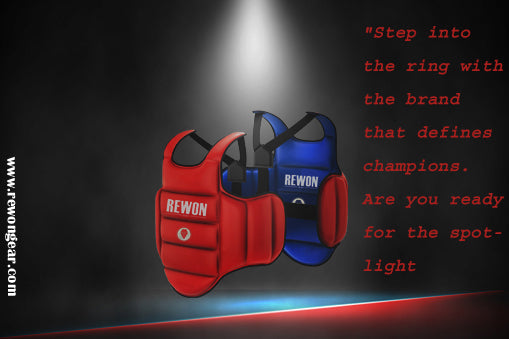 Reversible red and blue chest guards for boxing with spotlight and quote "Step into the ring with the brand that defines champions."