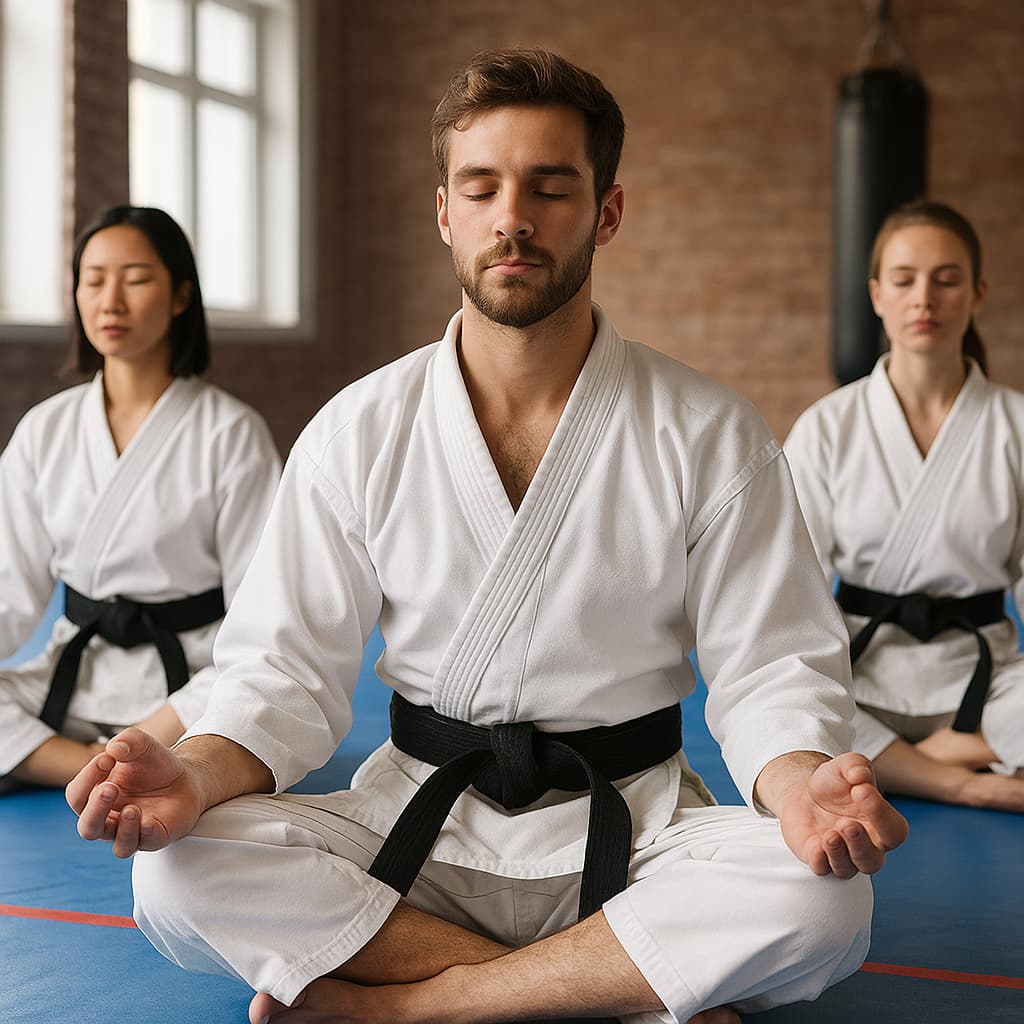 Drei Personen meditieren in einem hellen Kampfsport-Dojo mit blauen Matten und roten Ziegelwänden.