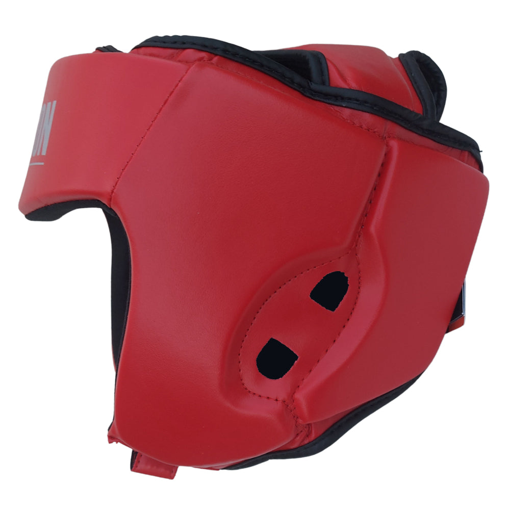 Red Rewon karate MMA taekwondo headgear with foam padding for boxing, kickboxing, and fitness training protection.