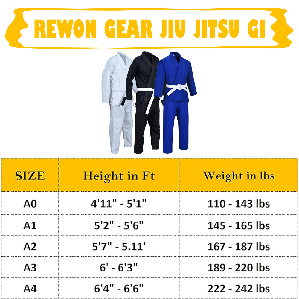 Rewon Gear Jiu Jitsu Gi size chart with blue, black, and white gis, height, and weight specifications.