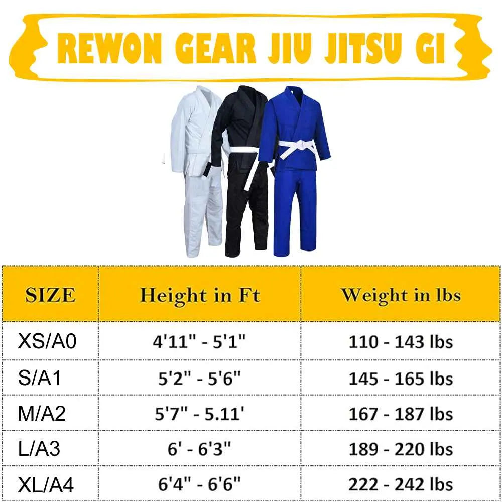 Rewon Jiu Jitsu GI sizing chart with white, black, and blue kimonos displayed, suitable for various heights and weights.