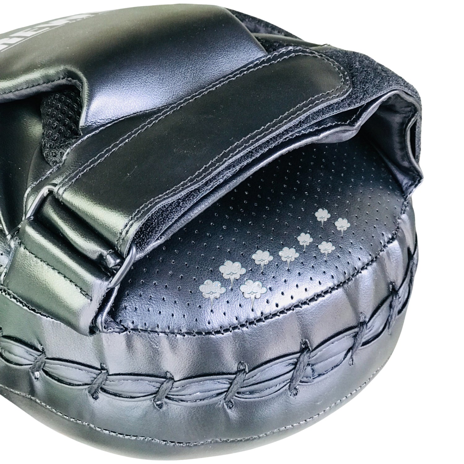 Black leather boxing focus mitts for martial arts training, T10 Handpolster by Rewon. Ideal for kickboxing and fitness workouts.