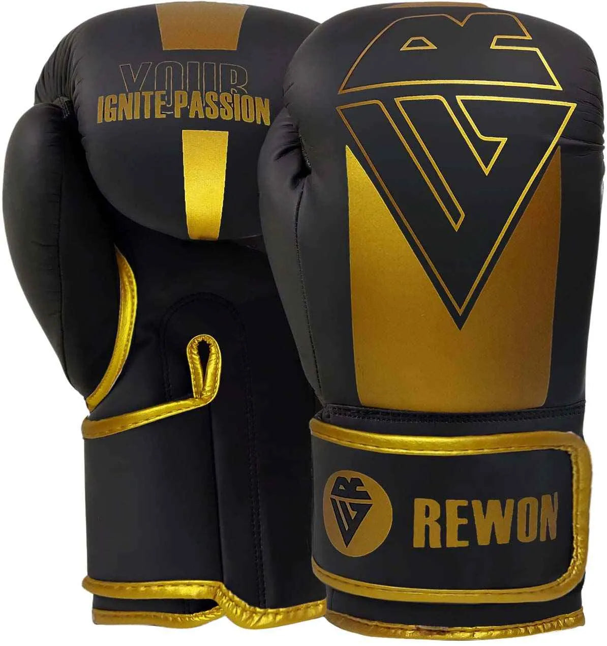 Rewon black and gold boxing gloves for kickboxing, Muay Thai, fitness training; durable and comfortable hand protection equipment.