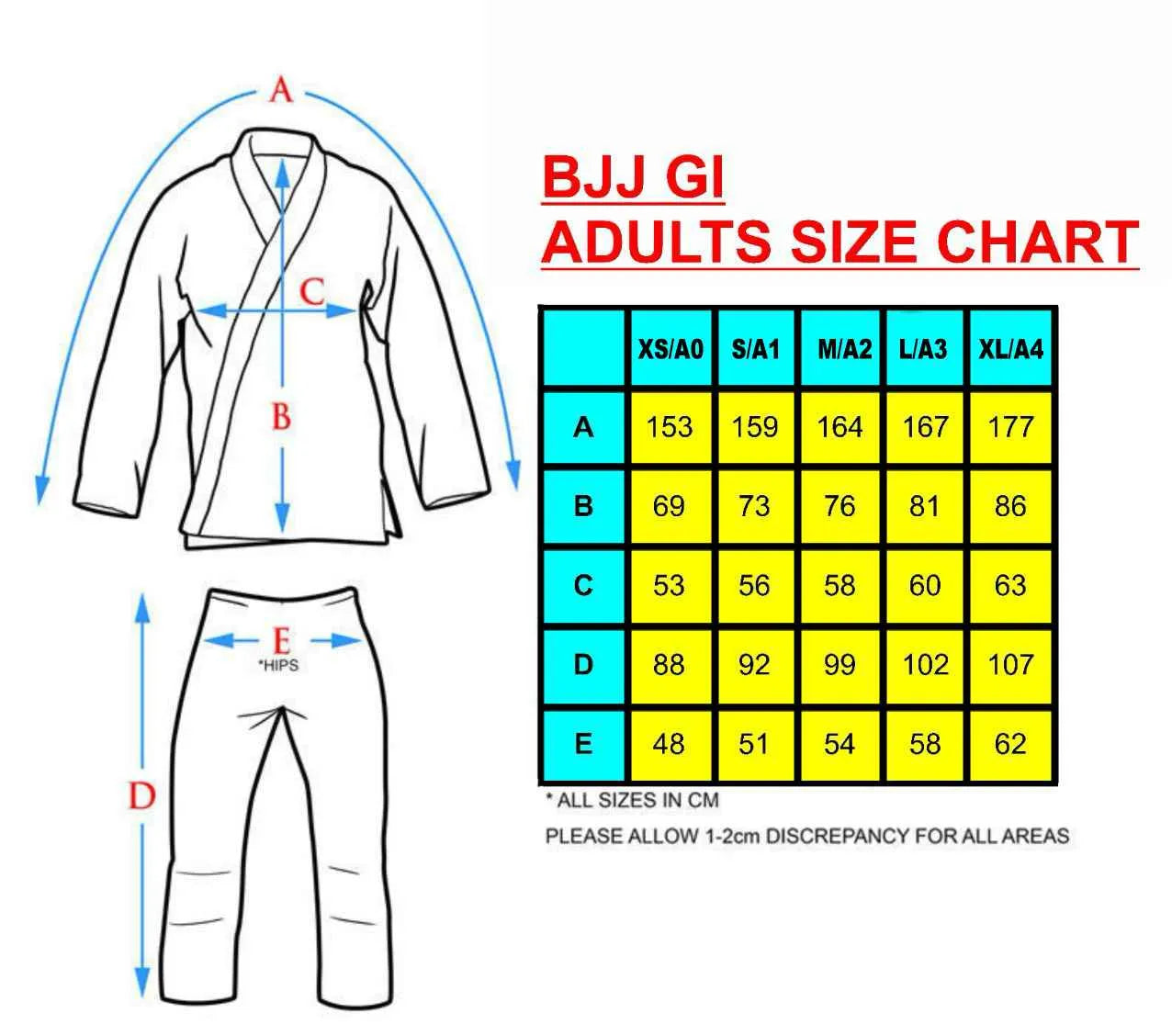 BJJ Gi Adults Size Chart with Measurements for Rewon Basic 1.5 Ju Jutsu Kimono in White, Ideal for Boxing and Fitness Gear Selection