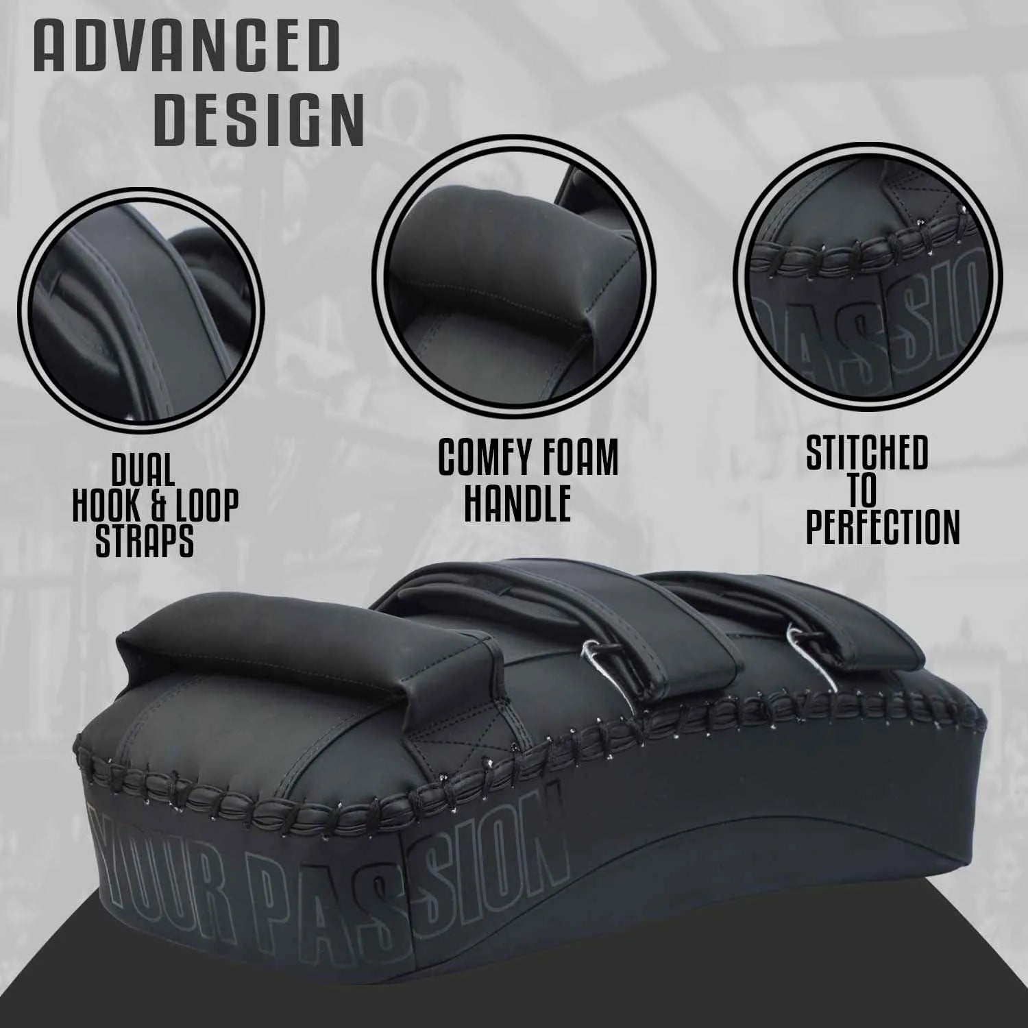 Advanced design of black Rewon MMA training pad with dual hook straps and comfy foam handle, ideal for boxing and fitness training.