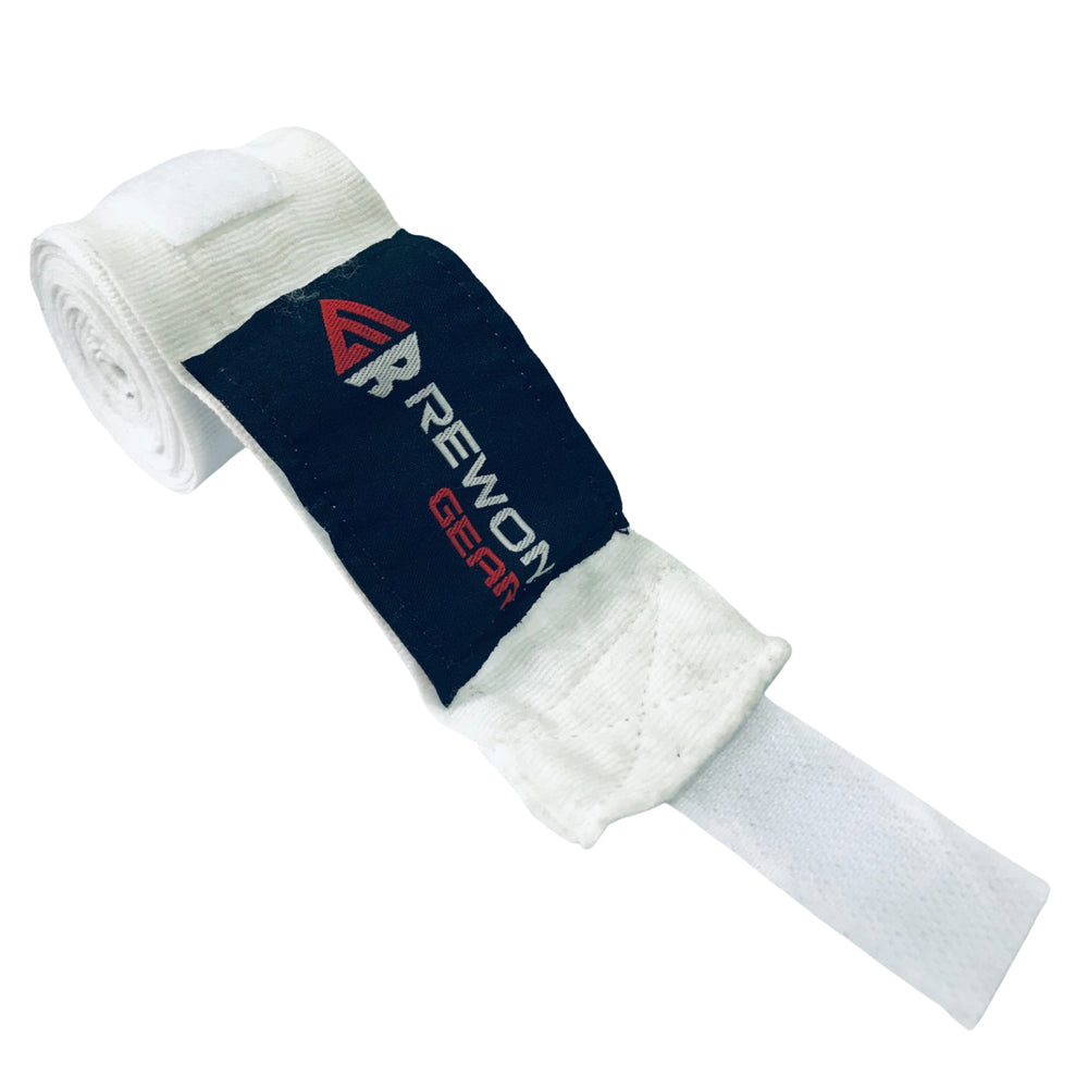 Rewon white wrist wraps for boxing, kickboxing, and fitness training, ideal for protection and support during workouts.