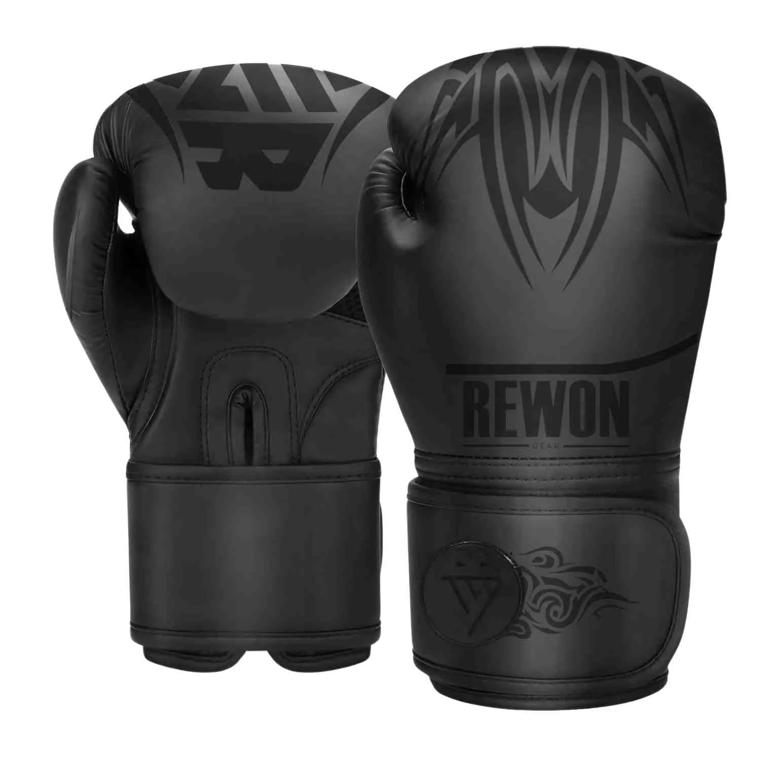 Black Rewon boxing gloves for beginners, ideal for kickboxing and Muay Thai, featuring EVA protection for durable and comfortable training.