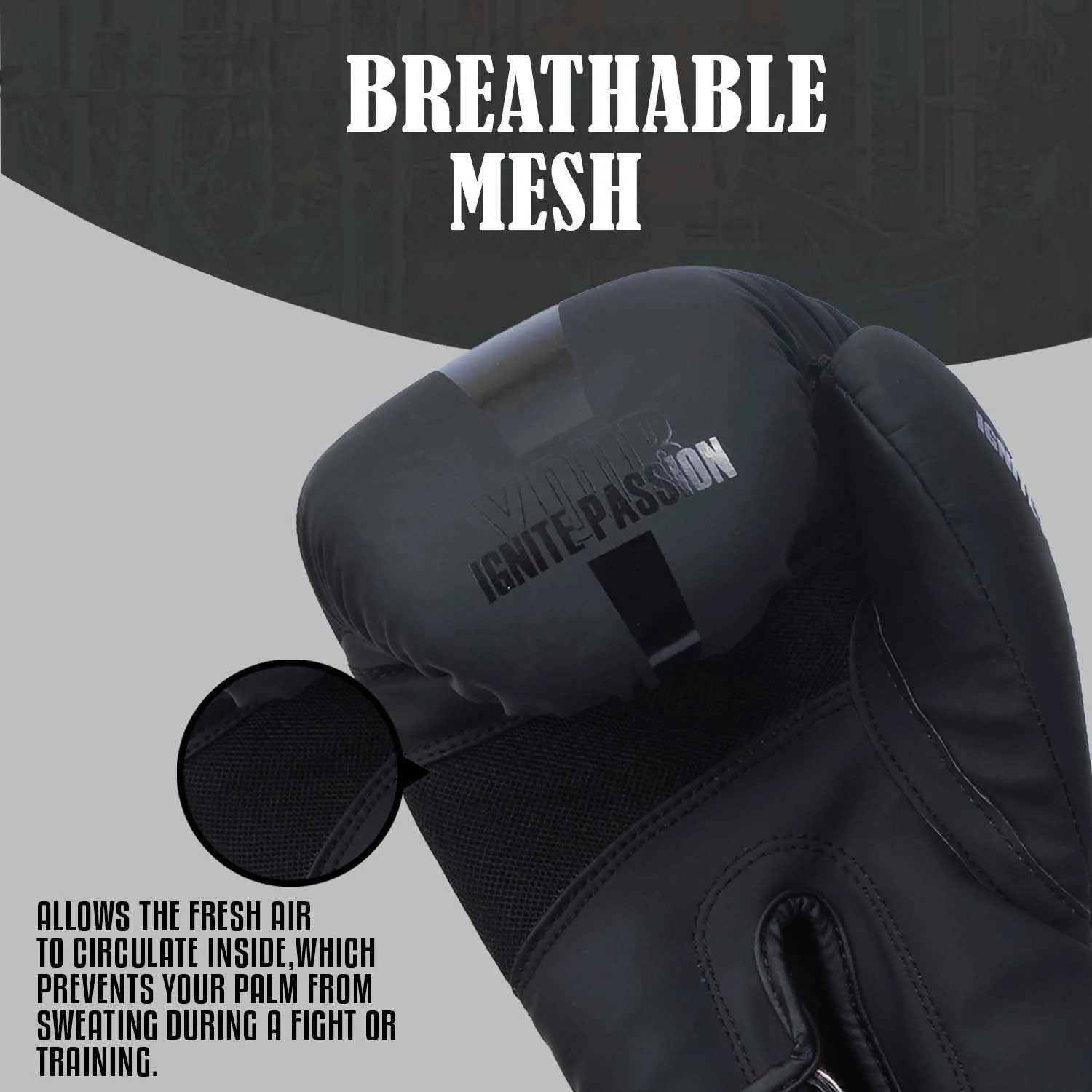 Black boxing gloves with breathable mesh for enhanced comfort and airflow during MMA, kickboxing, and fitness training sessions.