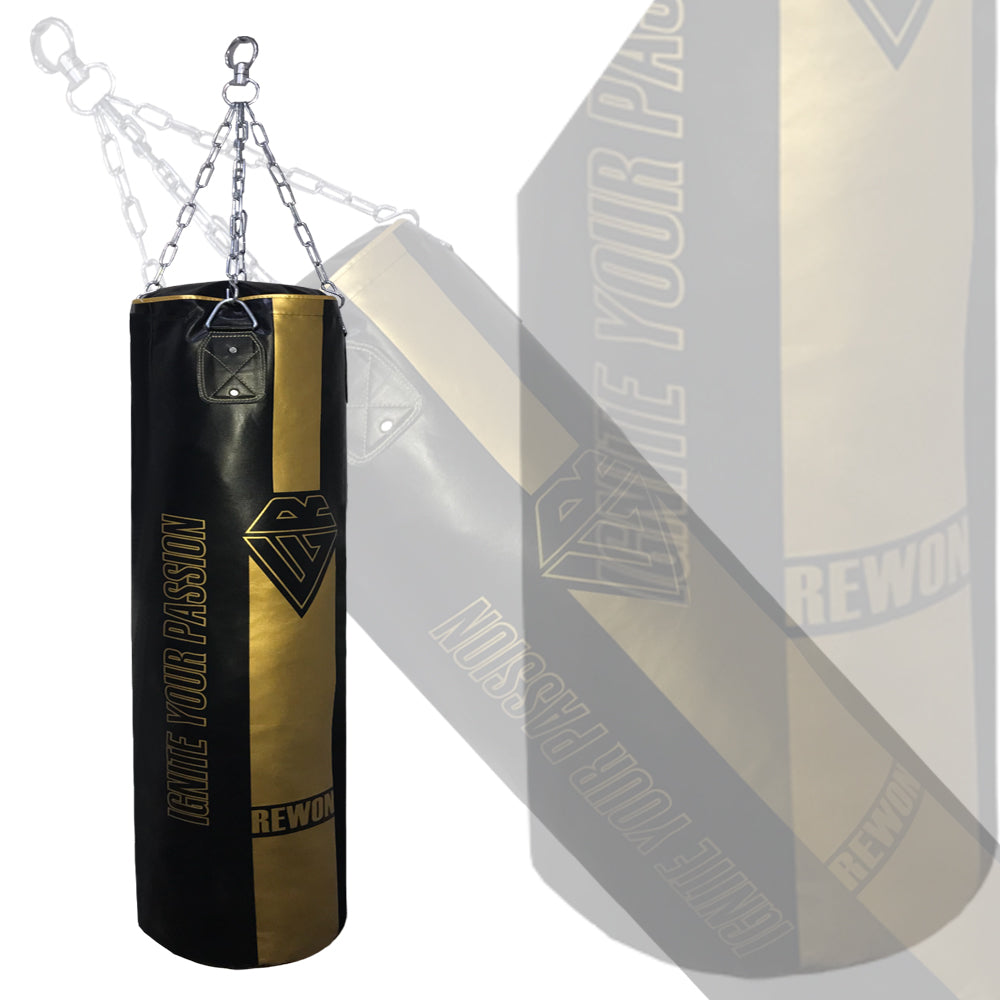 Classic training punching bag by Rewon, ideal for boxing and kickboxing. Durable synthetic leather, sturdy straps. Perfect for home fitness.