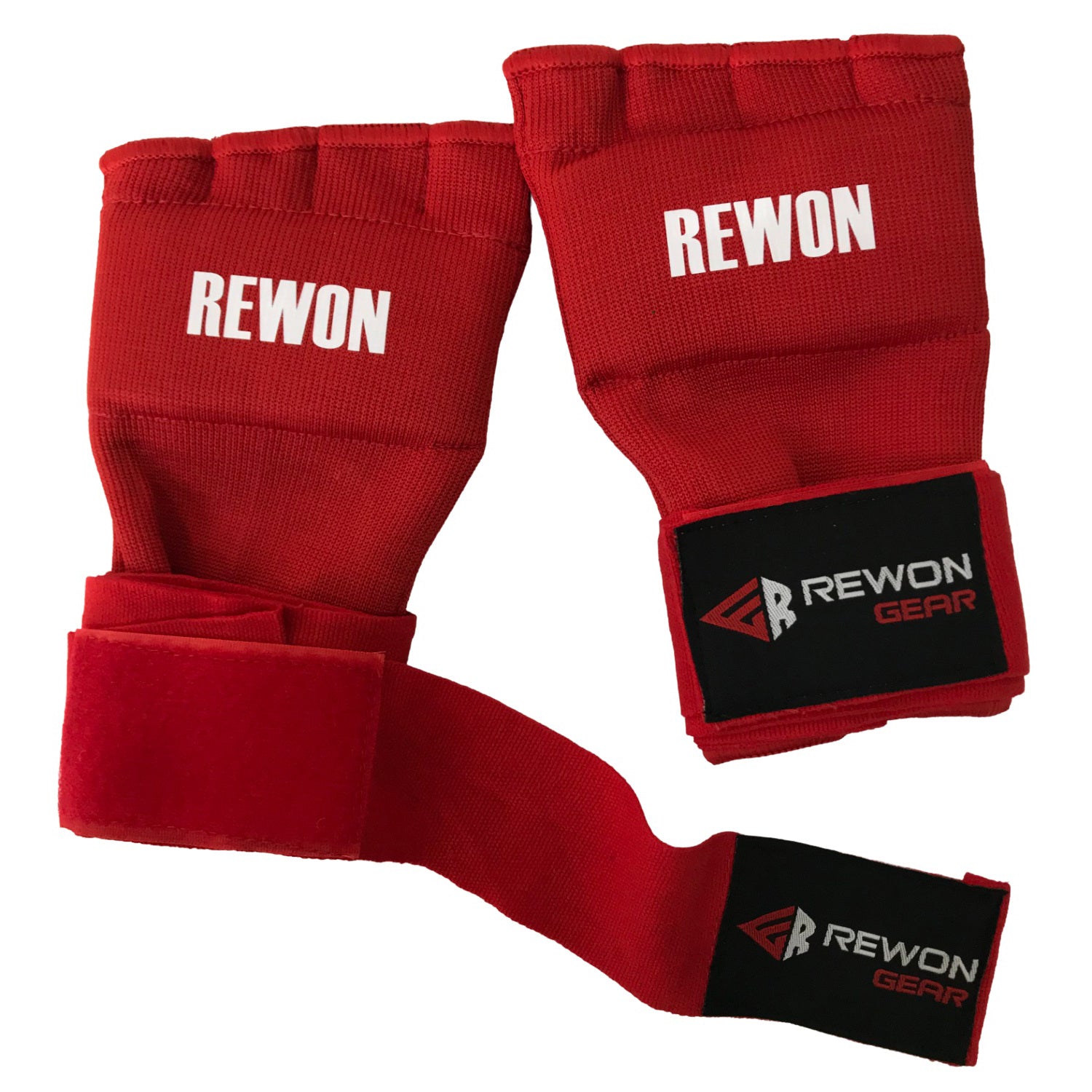 Red Rewon gel hand wraps for boxing, featuring breathable elastic material and thumb support, ideal under boxing or MMA gloves.