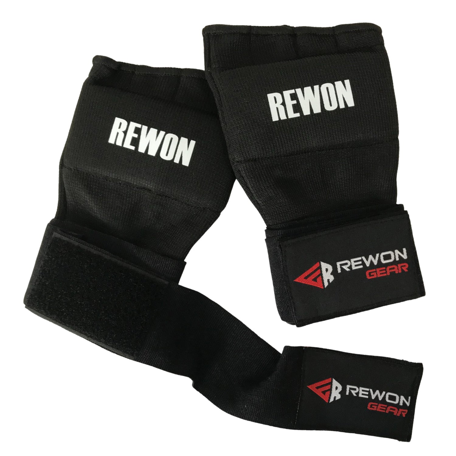 Schwarze Handbandagen/Gelbandagen von Rewon für Boxen, ideal unter Boxhandschuhe. Atmungsaktiv, elastisch, mit Daumenschlaufe.