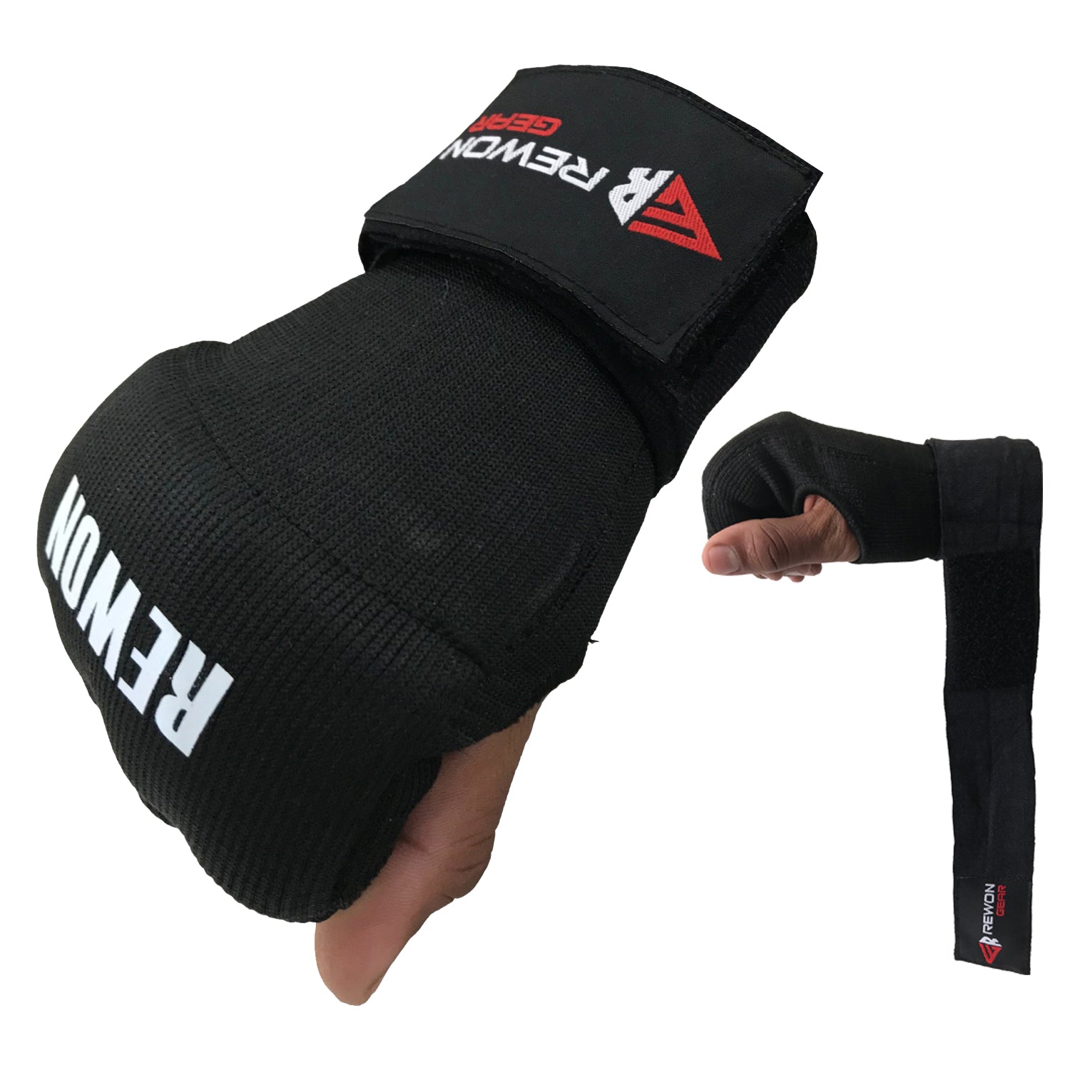 Schwarze Handbandagen/Gelbandagen von Rewon, ideal für Boxtraining und Fitness, unter Boxhandschuhen oder MMA Handschuhen verwendbar.