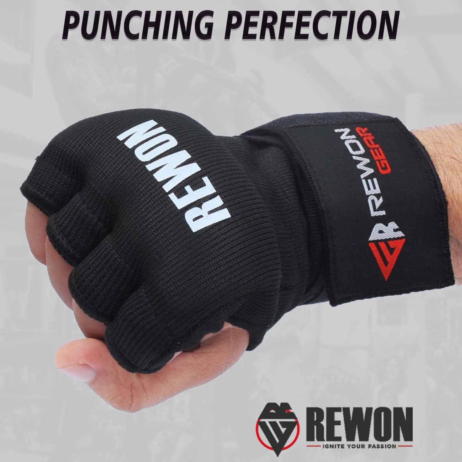 Black Rewon hand wraps for boxing, shown on a hand in a fist position. Ideal for boxing gloves and MMA, featuring breathable gel material.