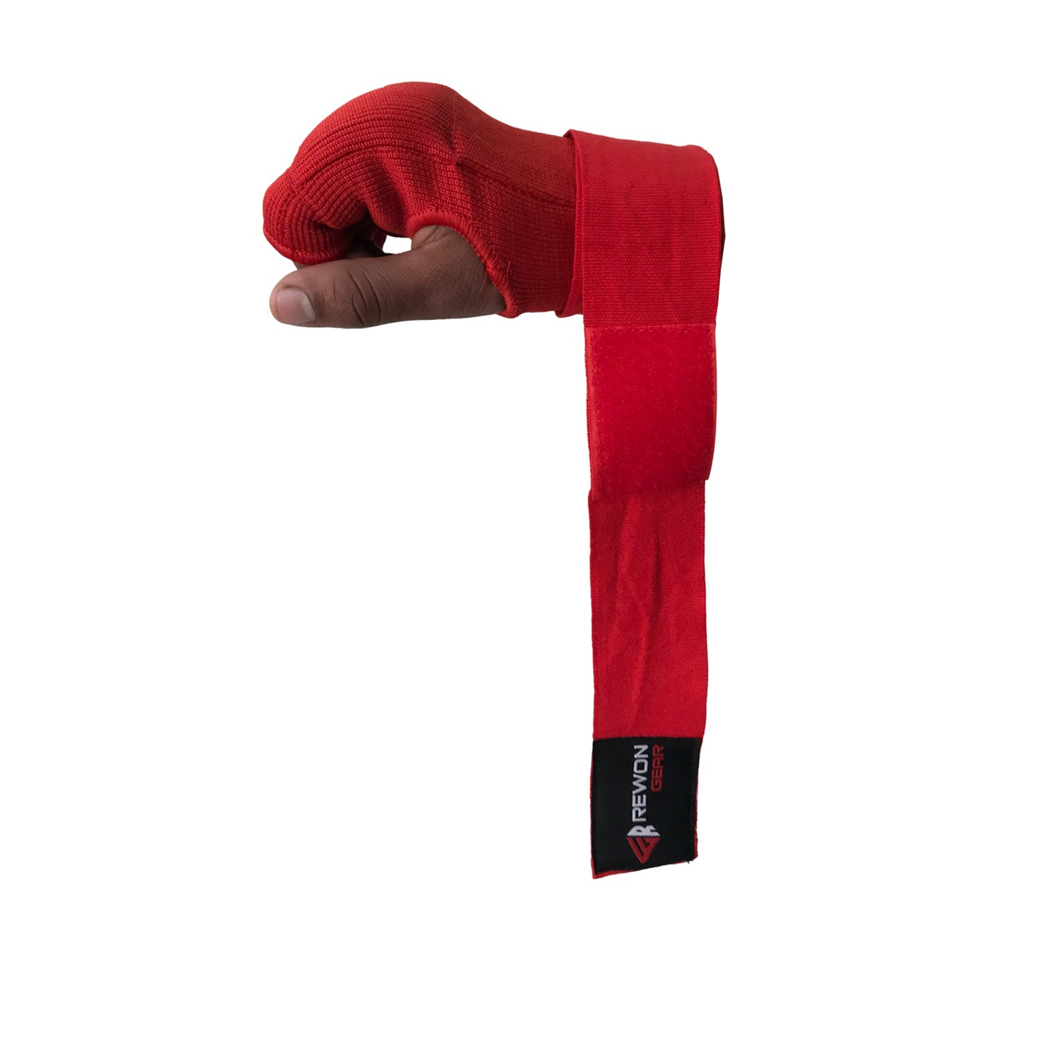 Red gel hand wraps for boxing and MMA, breathable and elastic for a comfortable fit, shown on a hand with finger and thumb coverage.