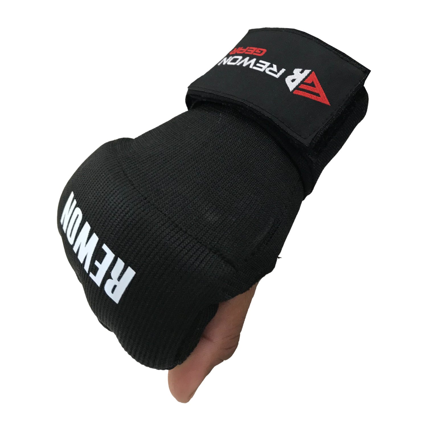 Schwarze Rewon Gelhandbandagen für Boxtraining, elastisch für sicheren Halt, geeignet für Boxhandschuhe und MMA-Handschuhe.