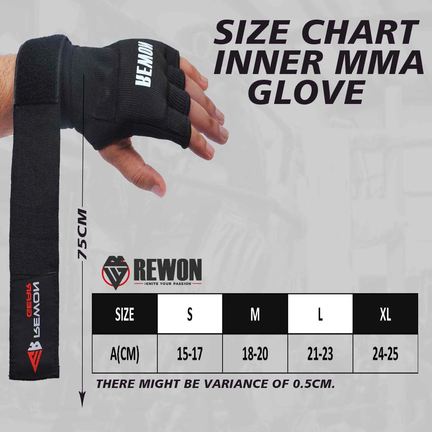 Rewon black gel hand wraps size chart for MMA gloves, featuring breathable stretchy carbon fiber material, ideal for boxing fitness.