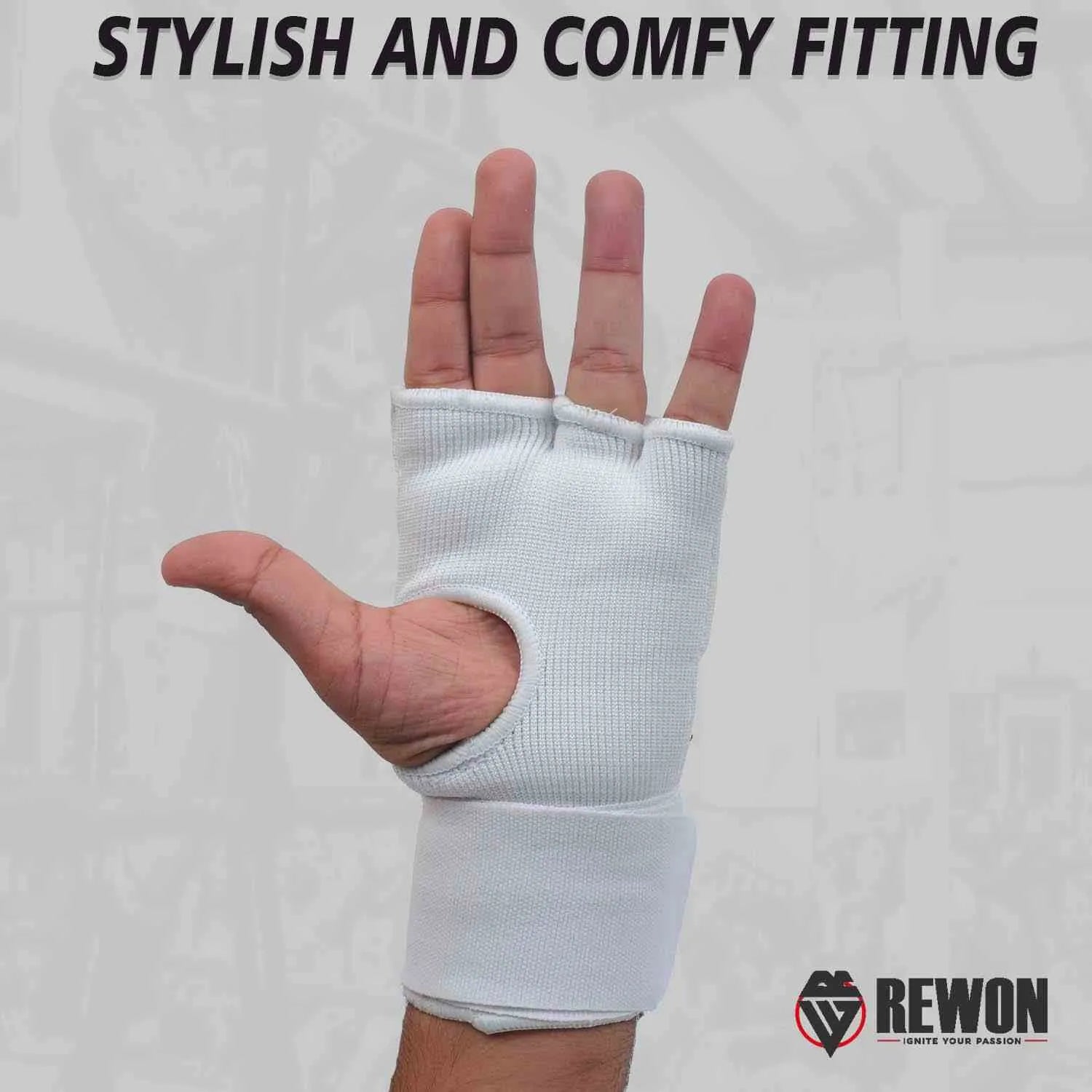White gel hand wraps by Rewon for boxing, MMA, and fitness, providing breathable support and protection during training.
