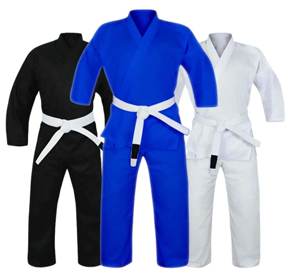 BJJ Kimonos in black, blue, and white with free white belts, ideal for Ju Jutsu and boxing fitness, enhancing training and competitions.
