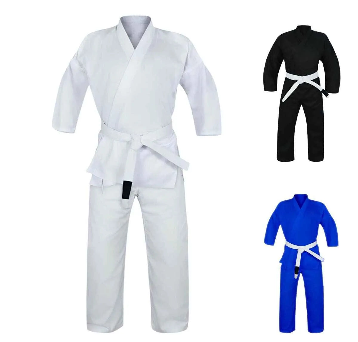 Rewon BJJ Gi in white, black, and blue with free belt, ideal for boxing and fitness training. Available in various colors online.