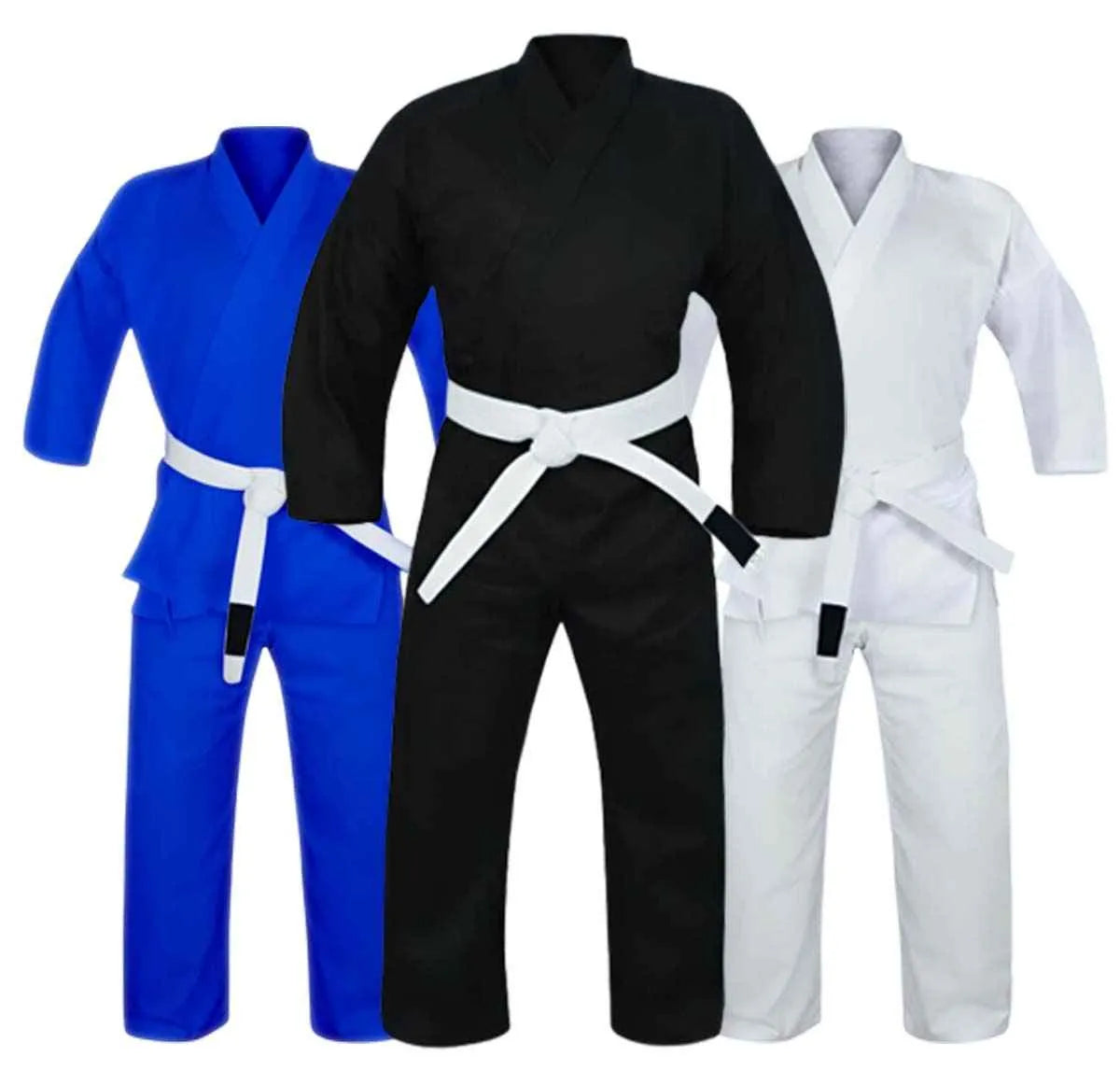 Three Rewon BJJ Gi uniforms in black, blue, and white with belts, ideal for boxing, fitness, and martial arts training.