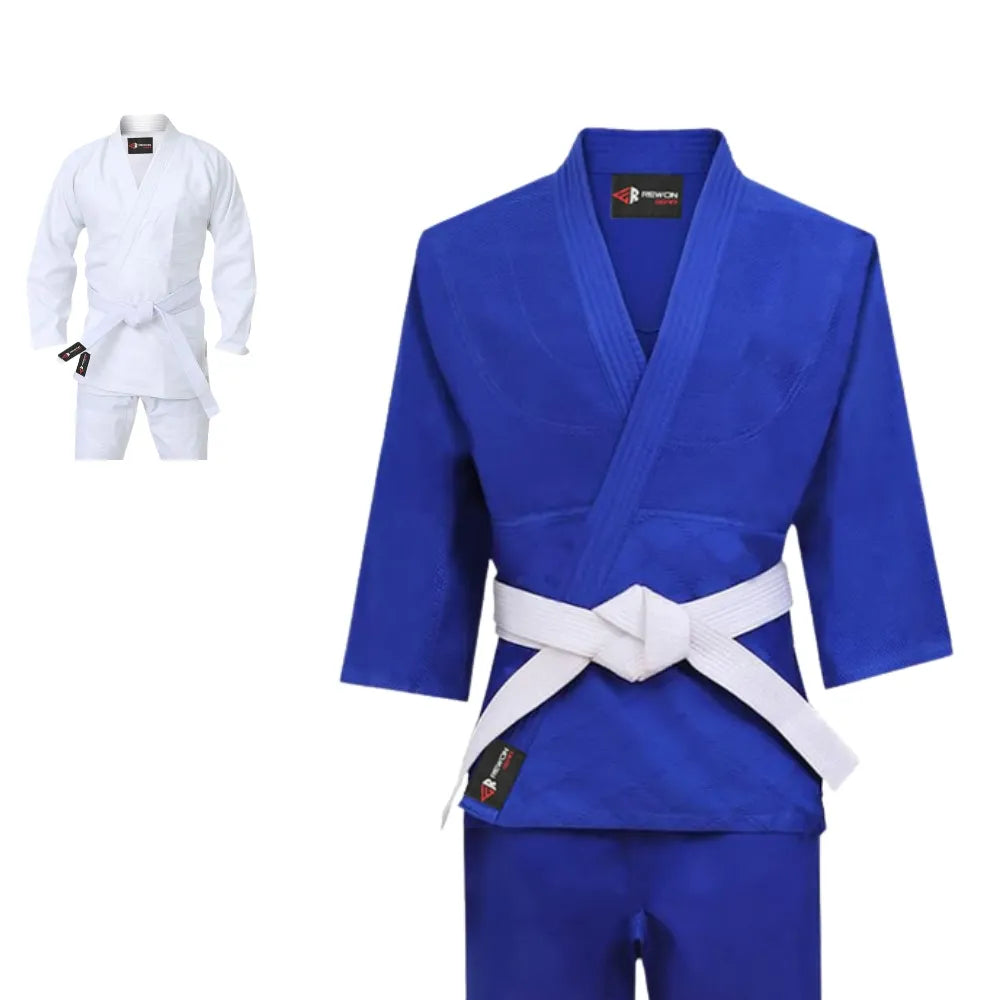 Blauer Judoanzug von Rewon, reißfest und langlebig, ideal für Boxtraining und Fitness, auch in Weiß erhältlich.
