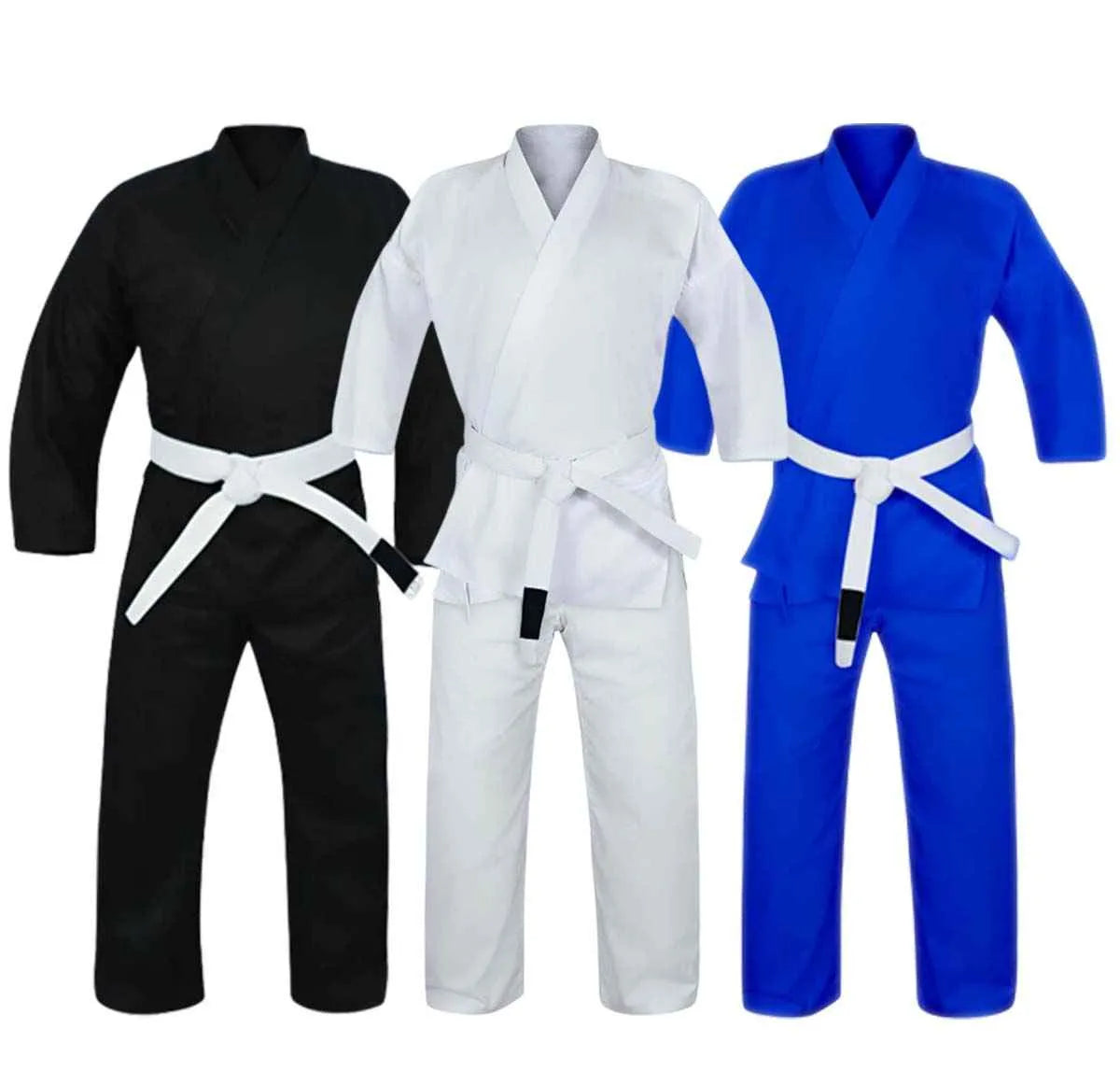 Rewon Basic BJJ Gi in black, white, and blue with free white belts, ideal for boxing and fitness enthusiasts.