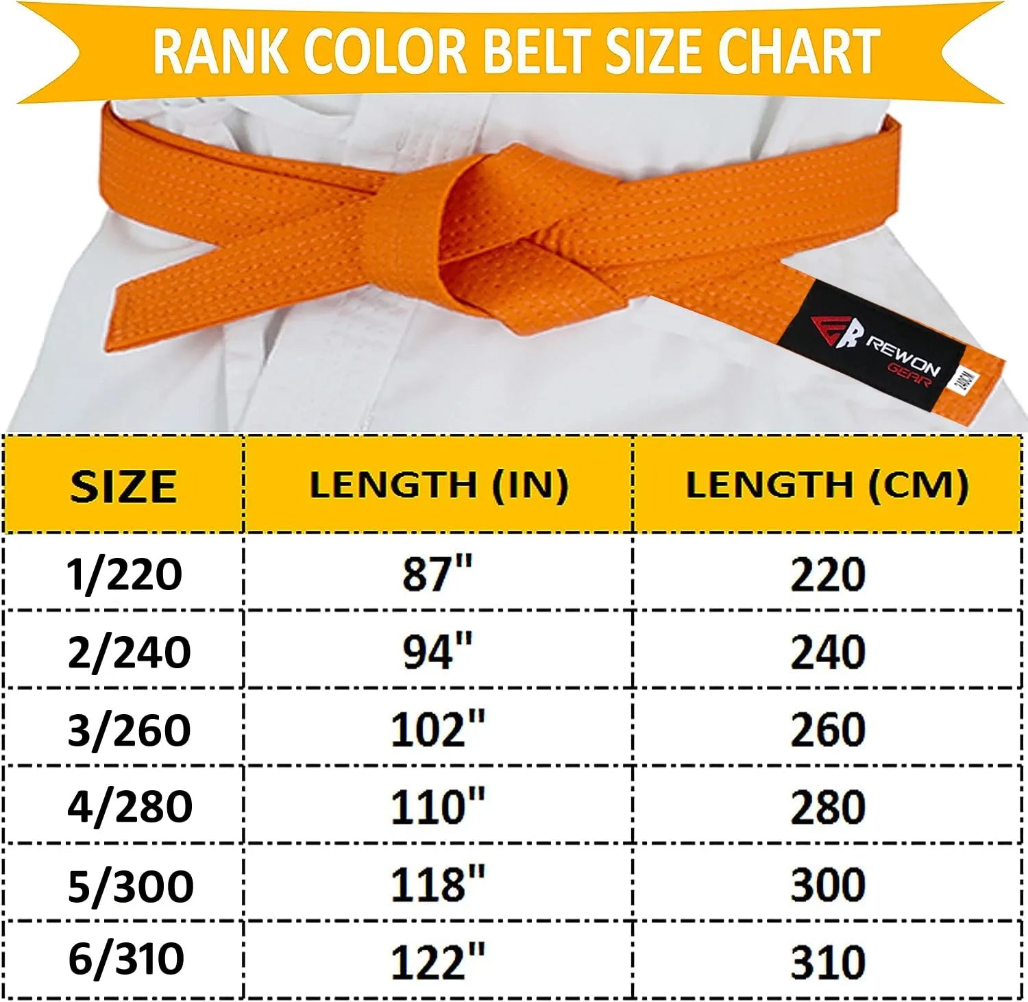Karate and Taekwondo rank color belt size chart featuring measurements in inches and centimeters.