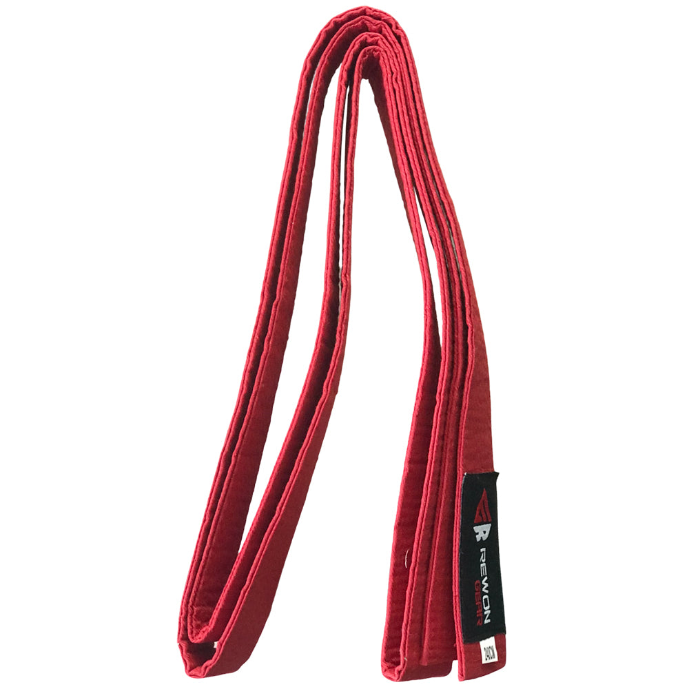 Red martial arts belt for Karate, Taekwondo, and Judo, durable with multiple seams. Perfect for training and competition.