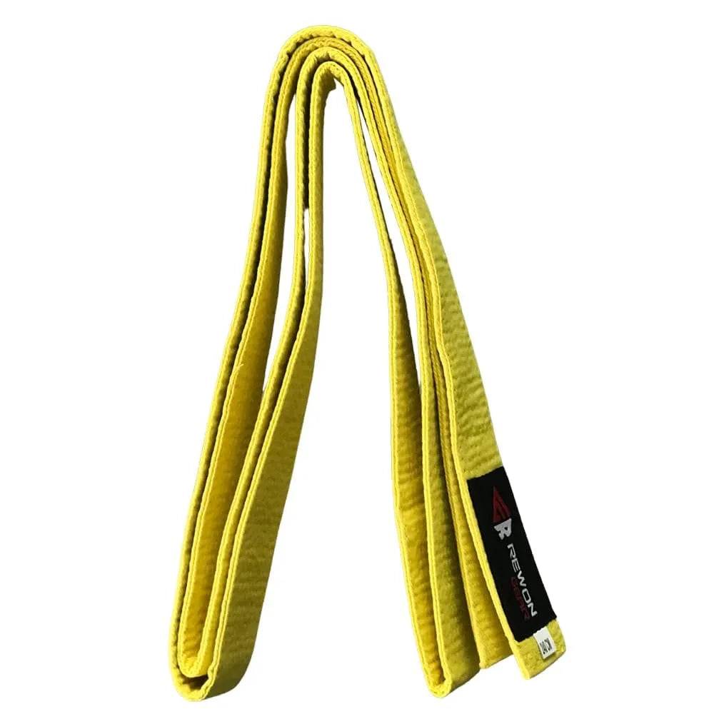 Yellow martial arts belt with multiple seams for Taekwondo, Karate, and Judo, ideal for training and washing machine safe.