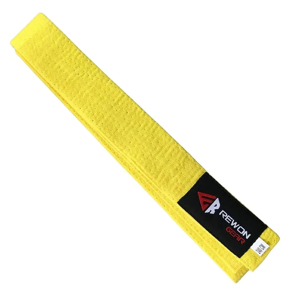 Yellow martial arts belt for Karate, Taekwondo, Judo with reinforced stitching, ideal for training and washing machine safe. Buy now.