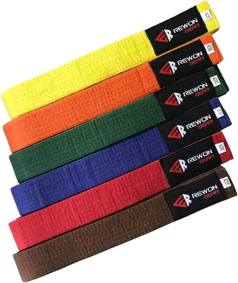 Karate, Taekwondo, and Judo rank belts in multiple colors, durable and perfect for training or competition, available for purchase.