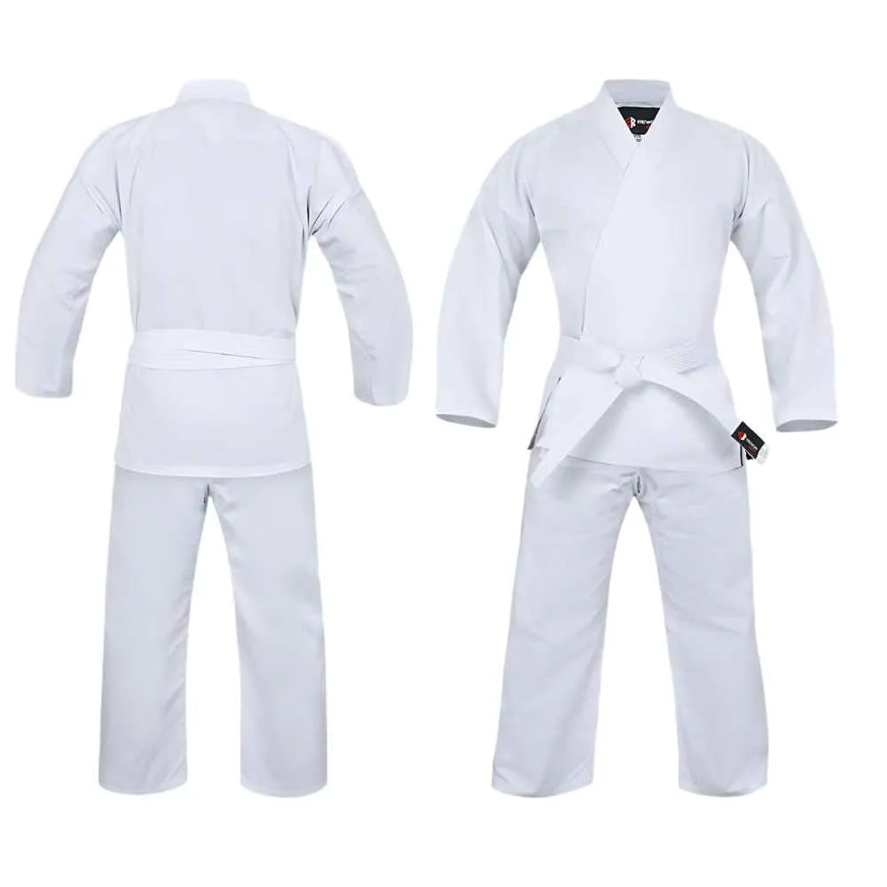 White Rewon Karate Gi for Training, Durable Polyester/Cotton Blend, Ideal for Karate Enthusiasts, Martial Arts Practice Gear
