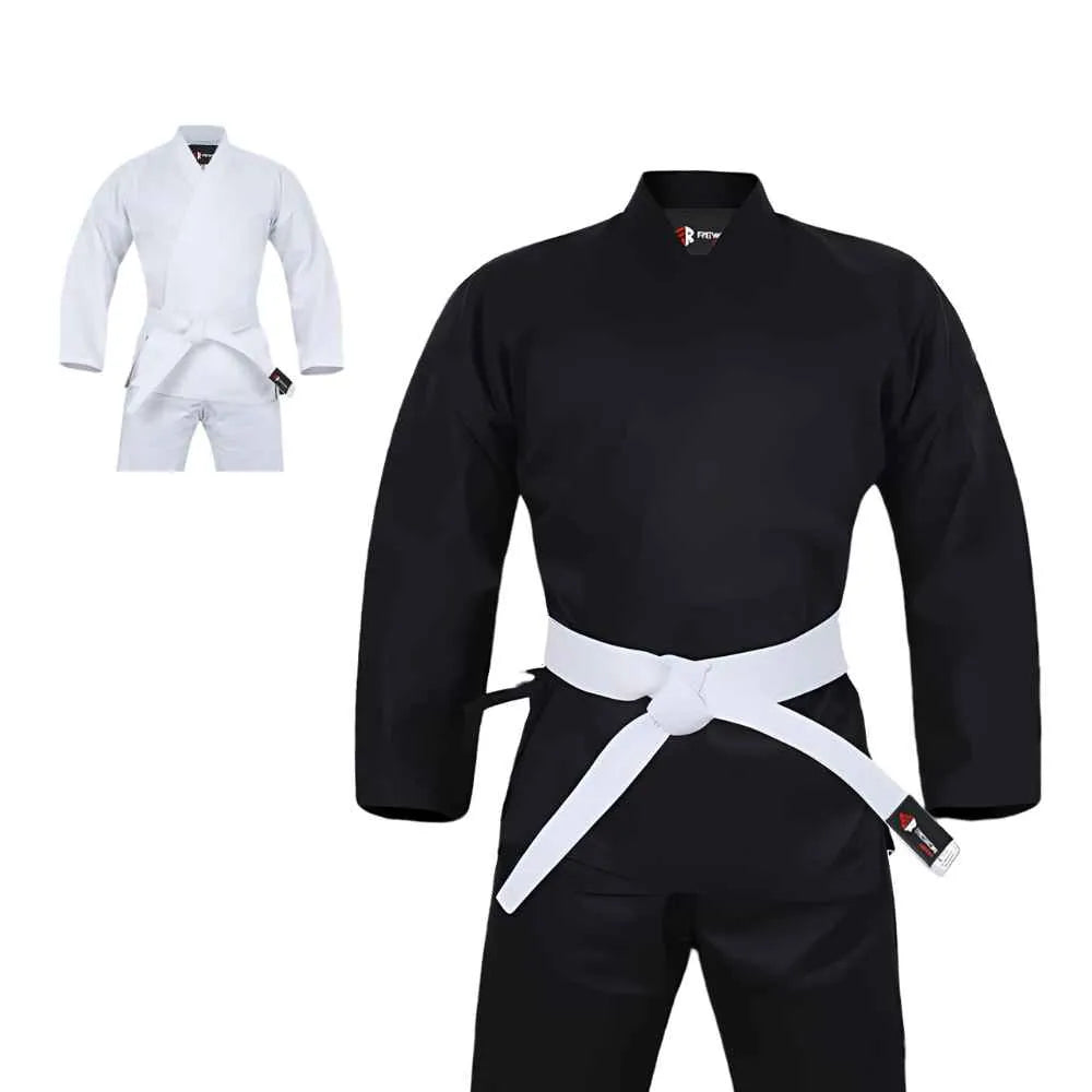 Schwarzer Karateanzug Rewon aus Polyester/Baumwolle, ideal für Box-Fitness, langlebig und mit breitem Design für Komfort.